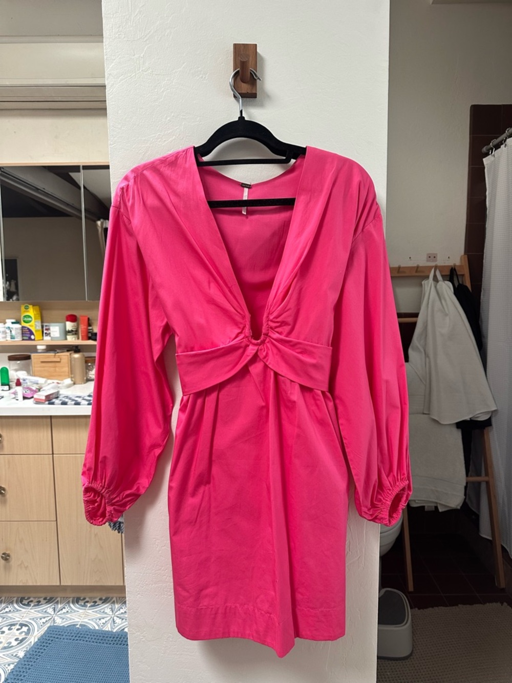 Free People Hot Pink V-Neck Knot-Front Mini Dress
